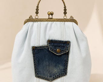 Upcycled Denim Crossbody Bag: Vintage Jean Purse with Antique Bronze Chain Strap