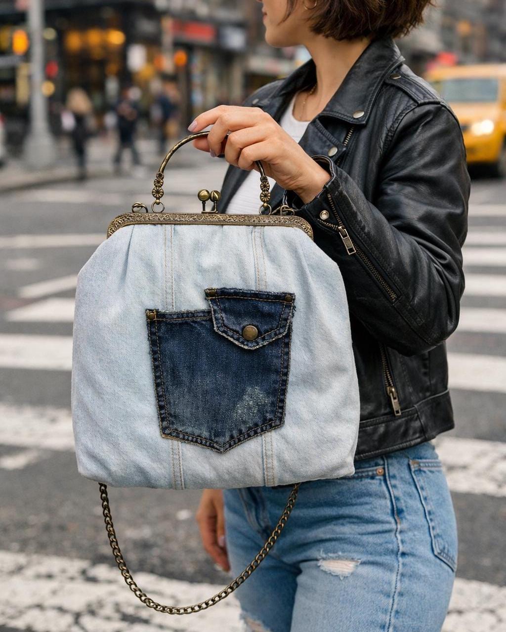 Upcycled Denim Crossbody Bag: Vintage Jean Purse With Antique