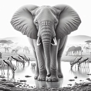 Puede incluir: Un dibujo a lápiz en blanco y negro de un elefante de pie en un abrevadero con cebras y antílopes bebiendo agua.