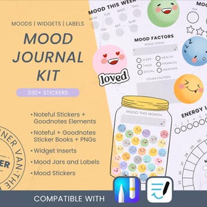 May include: A digital mood journal kit featuring 330+ stickers, widget inserts, and mood labels. The design includes a jar graphic filled with colourful emoji faces, mood factor checklists, energy level trackers, and a circular mood legend calendar.