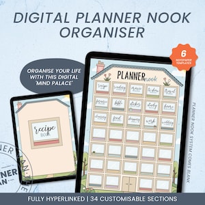 May include: Digital planner on a tablet and smaller device. The larger tablet displays a planner with labeled sections. The smaller device shows a recipe book. Text includes "Digital Planner Nook Organiser", "Organise your life with this digital 'Mind Palace'", and "Fully Hyperlinked | 34 Customisable Sections".