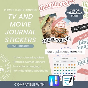 May include: A digital sticker set for TV and movie journals featuring over 550 elements including phrases, labels, and banners. The collection includes color-changing labels, corner banners, and text graphics like that plot twist, must watch, and binged in one sitting.