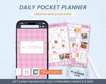 May include: A digital daily pocket planner with a pink gingham design. The planner includes a phone screen displaying a "My Planner" interface, and calendar pages with self-care themes. The text "Daily Pocket Planner" and "Undated Mon & Sun Start" are visible.