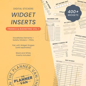 Może przedstawiać: Cyfrowe naklejki do finansów i budżetowania, z tekstem "Widget Inserts" i "Finance & Budgeting Vol. 1." Zawiera elementy GoodNotes, naklejki Noteful i pliki PNG. Obrazek przedstawia również grafikę słoika oszczędności i odznakę "400+ Widgets".