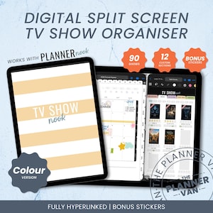 Könnte beinhalten: Ein digitaler Split-Screen-TV-Show-Organizer auf einem Tablet. Die Benutzeroberfläche zeigt ein beigeweiß gestreiftes Cover mit der Aufschrift TV SHOW nook, eine Kalenderansicht und eine Liste von Sendungen mit Bewertungen. Enthält 90 Shows und 12 Sektionen.