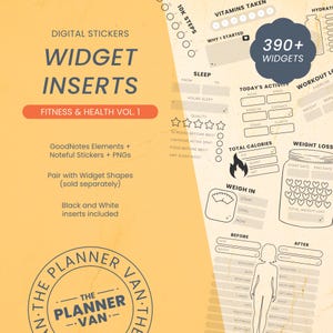May include: Digital widget inserts for fitness and health, featuring a variety of elements for digital planners. Includes over 390 widgets, with sections for tracking steps, calories, weight loss, and sleep. The design is in black and white.