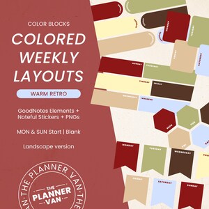 May include: A digital sticker set featuring weekly planner layouts in warm retro colors including red, olive green, brown, cream, and light blue. The text reads COLOR BLOCKS COLORED WEEKLY LAYOUTS WARM RETRO GoodNotes Elements + Noteful Stickers + PNGs.