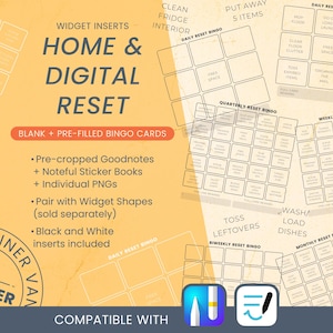 May include: Digital planner inserts for home and digital reset, featuring blank and pre-filled bingo cards. Includes pre-cropped Goodnotes, Noteful sticker books, and individual PNGs. Compatible with digital planning apps.