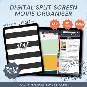 Könnte beinhalten: Ein digitaler Split-Screen-Film-Organizer auf zwei Tablets. Der linke Bildschirm zeigt ein schwarz-weiß gestreiftes Cover mit dem Text MOVIE nook. Der rechte Bildschirm zeigt eine detaillierte Film-Tracking-Seite mit Reitern und Textfeldern.