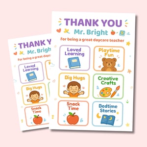 Editable Thank You Card for Daycare Teacher Template Canva Preschool Teacher Appreciation Babysitter Appreciation Printable Digital Download