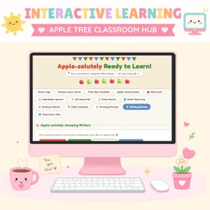 Può includere: Un computer desktop rosa che mostra un hub di apprendimento interattivo intitolato Apple-solutely Ready to Learn. Lo schermo presenta vari pulsanti educativi come Name tags, Daily Schedule e Writing Starter, con tastiera e mouse rosa.