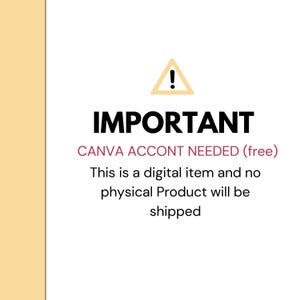 Puede incluir: Fondo blanco con la palabra "IMPORTANTE" en negrita negra. Debajo, el texto indica "CANVA ACCOUNT NEEDED (gratis)" en morado, seguido de una descripci&oacute;n de un art&iacute;culo digital sin producto f&iacute;sico enviado.