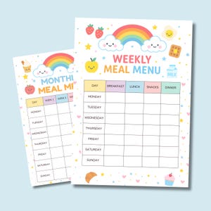 May include: Two colorful meal planning sheets with a rainbow, clouds, and food illustrations. The larger sheet says "Weekly Meal Menu" and has spaces for each day. The smaller sheet says "Monthi Meal Mi".