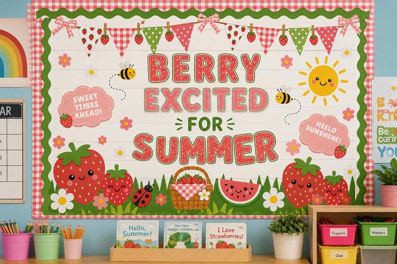 Puede incluir: Un colorido tabl&oacute;n de anuncios con tem&aacute;tica de verano con el texto "BERRY EXCITED FOR SUMMER". Presenta fresas, abejas, una rodaja de sand&iacute;a y banderines decorativos. El tablero est&aacute; enmarcado con un patr&oacute;n de cuadros rojos y blancos.