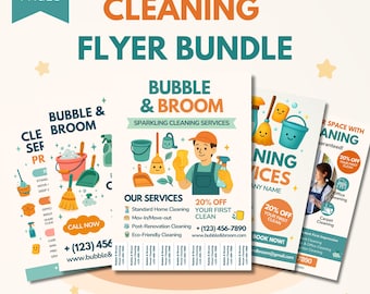 May include: A cleaning flyer bundle with five pages. The flyers feature the text "Cleaning Flyer Bundle" and "Bubble & Broom Sparkling Cleaning Services." The flyers include illustrations of cleaning supplies and a person holding a spray bottle.