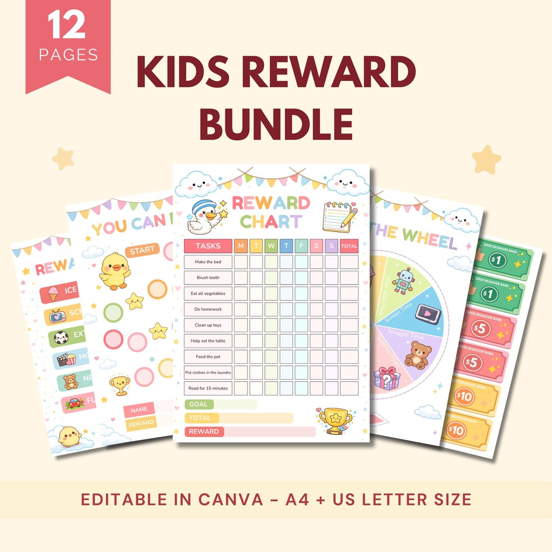 Kids Reward Chart Bundle Editable Canva Behaviour Chart Chore Chart for ...