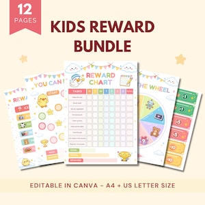 May include: A Kids Reward Bundle with a reward chart, stickers, and play money. The bundle includes a reward chart with tasks, a wheel, and stickers with various icons. The text "Kids Reward Bundle" is displayed in a large font.