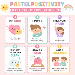 May include: A pastel-colored classroom expectations poster with the words "Pastel Positivity" and "Classroom Expectations." The poster includes illustrations and text about being kind, listening, raising hands, keeping the classroom clean, staying on task, and working together.