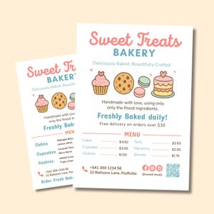 以下が含まれることがあります： ピンクとティール色の「Sweet Treats Bakery」というテキストが入った2つの白いチラシ。チラシには、カップケーキ、クッキー、ケーキなどの焼き菓子のイラストが描かれたメニューが表示されています。メニューには、ケーキ、カップケーキ、クッキー、タルト、マカロン、ドーナツの価格が含まれています。