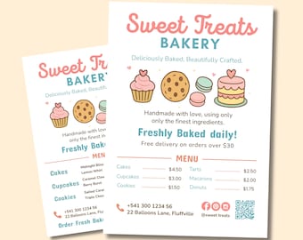 May include: Two white flyers with the text "Sweet Treats Bakery" in pink and teal. The flyers display a menu with illustrations of baked goods like cupcakes, cookies, and a cake. The menu includes prices for cakes, cupcakes, cookies, tarts, macarons, and donuts.