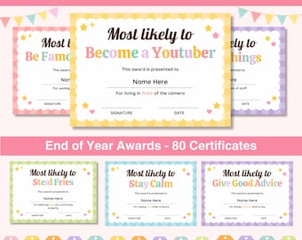 Premios divertidos de fin de año, editables en Canva, Certificados de "Más probable que...", Certificados de premios para estudiantes, Premios de clase imprimibles, Descarga