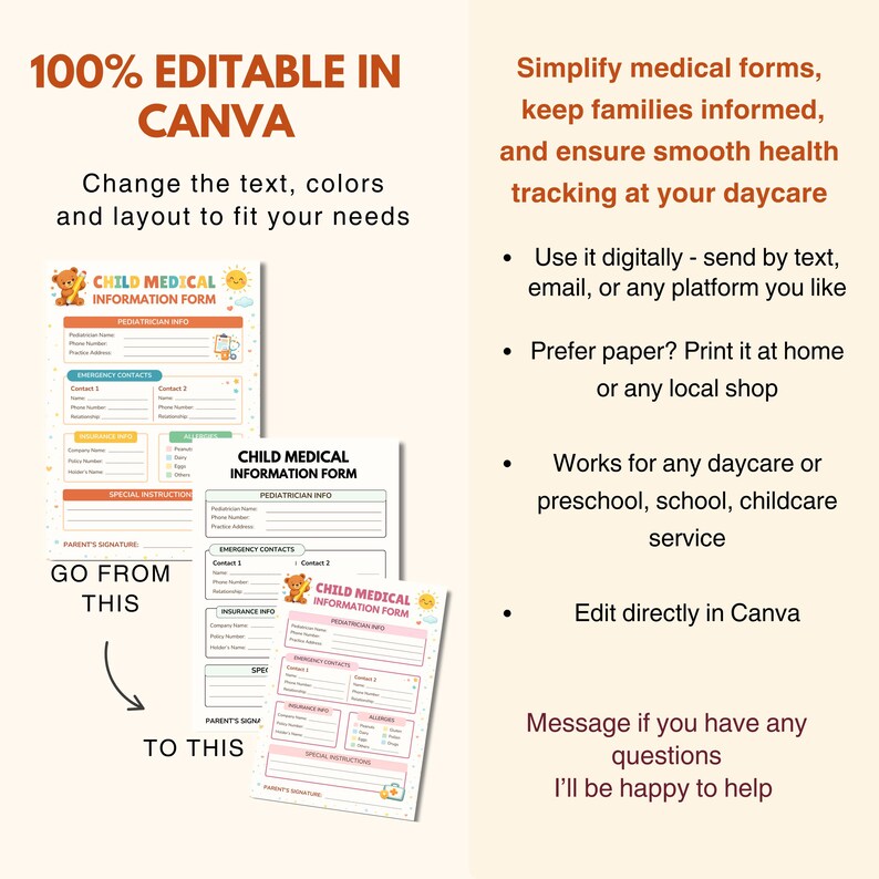 Daycare Medication Authorization & Consent Form Bundle Editable Canva ...