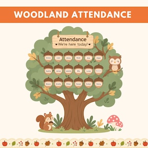 Puede incluir: Un gráfico de asistencia Woodland con un gran árbol verde y un letrero de madera que dice Attendance We're here today. Dieciocho etiquetas con forma de bellota están dispuestas en filas en el árbol. Se ilustran un búho y una ardilla.