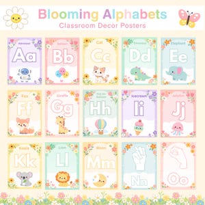 May include: A collection of colorful classroom decor posters featuring the alphabet. Each poster displays a letter with an associated image, such as an astronaut for 'A' and a cat for 'C'. The posters are framed with floral borders and include the text 'Blooming Alphabets'.
