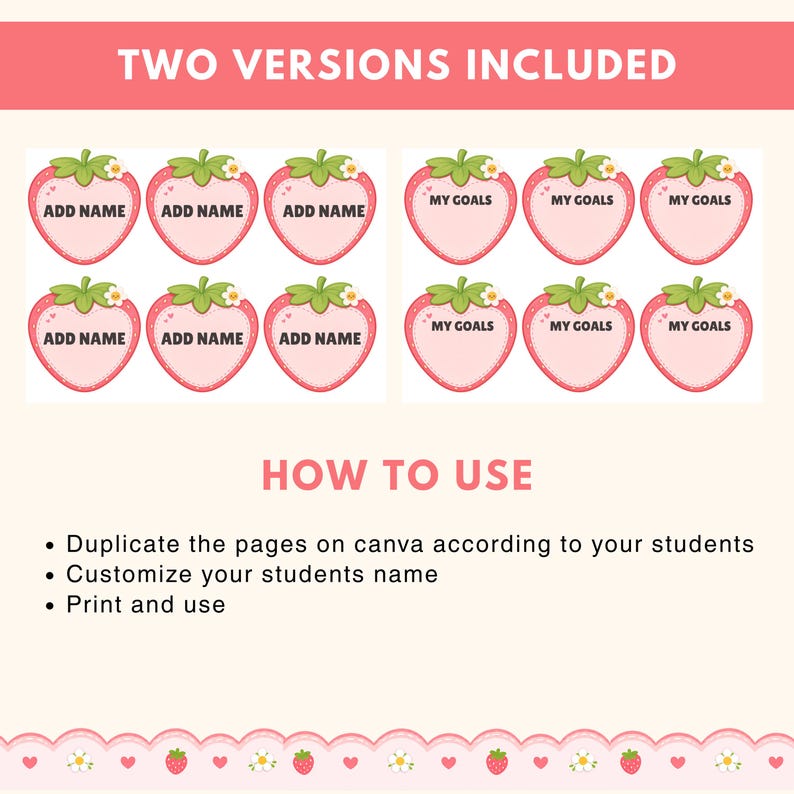 Puede incluir: Un dise&ntilde;o rosa en forma de fresa con hojas verdes y el texto "ADD NAME" y "MY GOALS". La imagen incluye instrucciones sobre c&oacute;mo usar el dise&ntilde;o. Tambi&eacute;n se ve el texto "TWO VERSIONS INCLUDED" y "HOW TO USE".