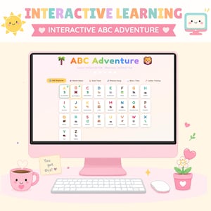 May include: A pink computer monitor displaying an interactive ABC Adventure learning program with alphabet tiles, a white keyboard, a white mouse, a pink mug with a smiling face, and a small potted flower with a heart-shaped petal on a desk.