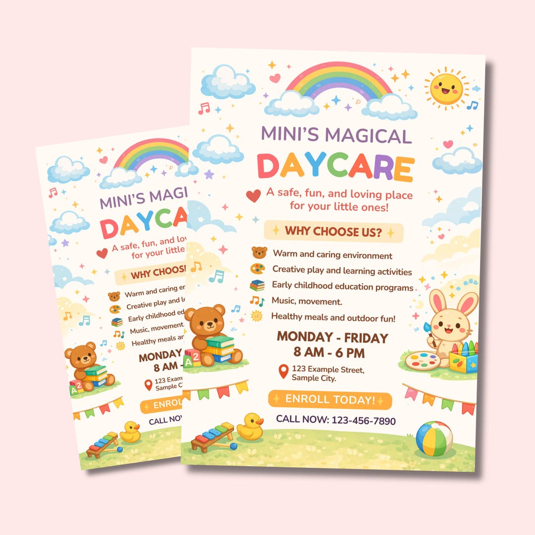 Daycare Flyer Template Editable Canva Colorful Preschool Childcare ...