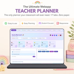 Peut inclure: Une application web de planification pour enseignants affichée sur un écran d'ordinateur portable. L'interface présente un tableau de bord avec des onglets pour l'emploi du temps, les présences, les notes et les plans de cours. Texte : The Ultimate Webapp TEACHER PLANNER.
