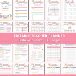 Op de afbeelding: Een digitale docentenplanner met een regenboog- en wolken thema. De planner bevat pagina's voor wekelijkse en dagelijkse planning, lesroosters, zitplaatsen en meer. De tekst "EDITABLE TEACHER PLANNER" is prominent aanwezig.
