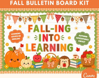 May include: A fall bulletin board kit featuring the text FALL-ING INTO LEARNING, surrounded by illustrations of pumpkins, apples, a hedgehog, books, and autumn leaves. The design includes colourful bunting, decorative borders, and speech bubbles.