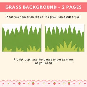 Puede incluir: Dise&ntilde;o de fondo de hierba de dos p&aacute;ginas con hierba verde y cielo blanco. El texto "GRASS BACKGROUND - 2 PAGES" est&aacute; en la parte superior. El texto "Coloca tu decoraci&oacute;n encima para darle un aspecto exterior" est&aacute; debajo. El texto "Consejo profesional: duplica las p&aacute;ginas para obtener tantas como necesites" est&aacute; en la parte inferior.