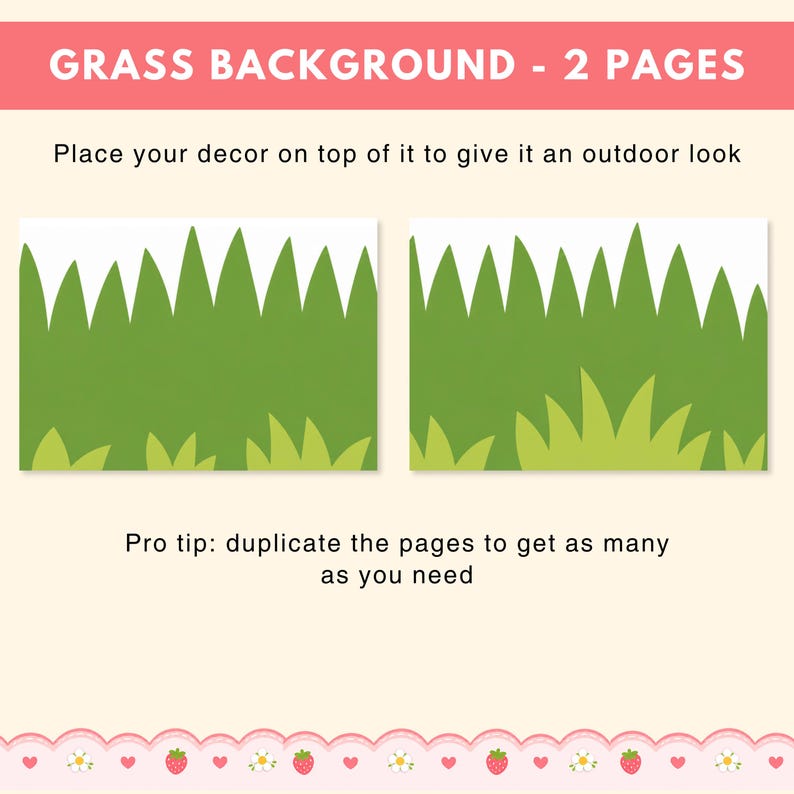 Puede incluir: Dise&ntilde;o de fondo de hierba de dos p&aacute;ginas con hierba verde y cielo blanco. El texto "GRASS BACKGROUND - 2 PAGES" est&aacute; en la parte superior. El texto "Coloca tu decoraci&oacute;n encima para darle un aspecto exterior" est&aacute; debajo. El texto "Consejo profesional: duplica las p&aacute;ginas para obtener tantas como necesites" est&aacute; en la parte inferior.