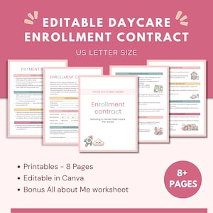 Puede incluir: Contrato de inscripción de guardería imprimible en rosa y blanco con el texto "EDITABLE DAYCARE ENROLLMENT CONTRACT" y "US LETTER SIZE". El contrato incluye secciones sobre pago, inscripción y políticas de salud. 8+ páginas.