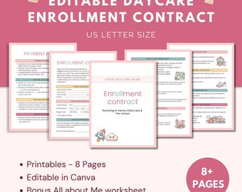 Puede incluir: Contrato de inscripción de guardería imprimible en rosa y blanco con el texto "EDITABLE DAYCARE ENROLLMENT CONTRACT" y "US LETTER SIZE". El contrato incluye secciones sobre pago, inscripción y políticas de salud. 8+ páginas.