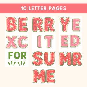 Puede incluir: Imagen con el texto "10 LETTER PAGES". La frase "BERRY EXCITED FOR SUMMER ME" se presenta en una fuente l&uacute;dica con tem&aacute;tica de sand&iacute;a, con contorno blanco y costuras verdes.