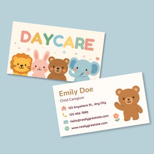 Modelo de cartão de visita para creche editável Canva Cartão pré-escolar Cartão de contato para babá Fornecedor de cuidados infantis Modelo de design para impressão Creche
