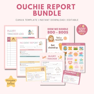 Op de afbeelding: Een roze en witte afdrukbare Ouchie Report Bundle met blessure tracker logs, incident rapporten en digitale stickers. De tekst bevat "How We Handle Boo-Boos". Canva sjabloon, direct downloaden en bewerkbaar.