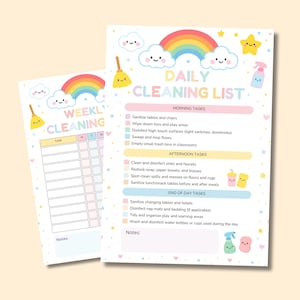 May include: Two printable cleaning checklists. One is a weekly cleaning schedule, and the other is a daily cleaning list. Both feature a rainbow, clouds, stars, and cleaning supply illustrations. The daily list includes morning, afternoon, and end-of-day tasks.