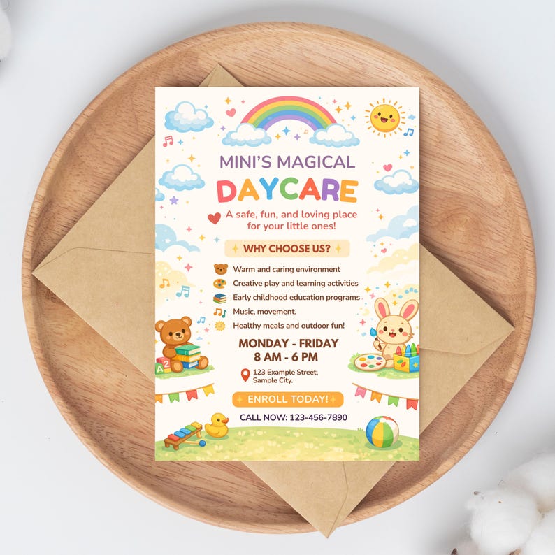 Daycare Flyer Template Editable Canva Colorful Preschool Childcare ...