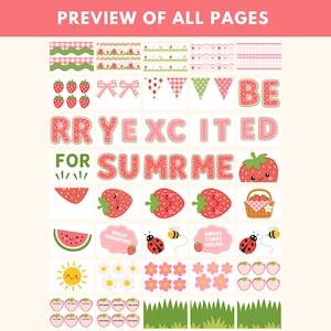Puede incluir: Colecci&oacute;n de gr&aacute;ficos ilustrados con tem&aacute;tica de verano. Incluye fresas, rodajas de sand&iacute;a, banderines, lazos, margaritas, abejas, mariquitas y el texto &laquo;BE EXCITED FOR SUMMER&raquo;. Los gr&aacute;ficos son en tonos rosa, rojo, verde y amarillo.