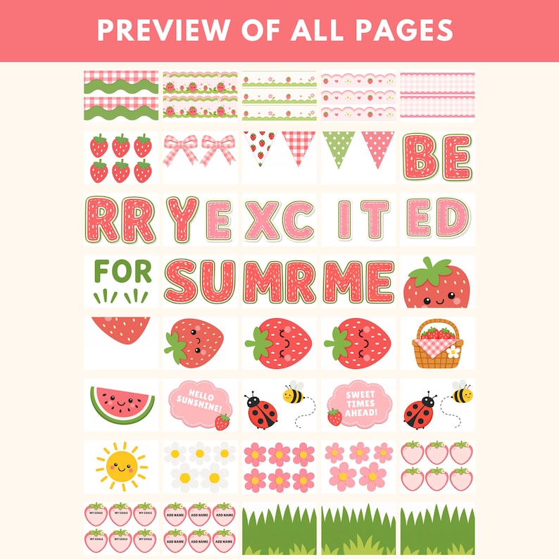Puede incluir: Colecci&oacute;n de gr&aacute;ficos ilustrados con tem&aacute;tica de verano. Incluye fresas, rodajas de sand&iacute;a, banderines, lazos, margaritas, abejas, mariquitas y el texto &laquo;BE EXCITED FOR SUMMER&raquo;. Los gr&aacute;ficos son en tonos rosa, rojo, verde y amarillo.