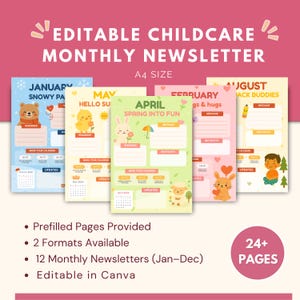 Peut inclure: Plusieurs newsletters mensuelles pour la garde d'enfants, modifiables. Chaque newsletter présente un mois différent avec des illustrations thématiques, comme un ours, un poussin, un lapin et un agneau. Le texte indique "Newsletter mensuelle pour la garde d'enfants modifiable".