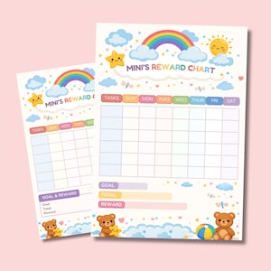May include: Two "Mini's Reward Chart" sheets. The charts feature a rainbow, sun, clouds, and stars. The text includes "TASKS", "SUN", "MON", "TUES", "WED", "THUR", "FRI", and "SAT". The bottom of the chart has teddy bears, a ball, and the words "GOAL", "TOTAL", and "REWARD".