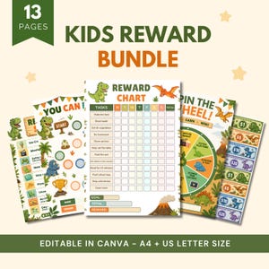 May include: A Kids Reward Bundle with a dinosaur theme. The bundle includes a reward chart, a "Pin the Wheel" game, and reward money. The text on the bundle says "You Can!" and "Earn! Win!" The bundle is editable in Canva and is A4 + US Letter size.