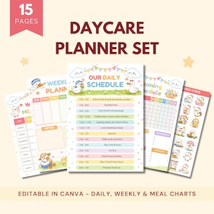 Könnte beinhalten: Ein Tagesplaner-Set für die Kindertagesstätte mit 15 Seiten, das tägliche, wöchentliche und Essenspläne enthält. Das Design umfasst niedliche Entenillustrationen und den Text "DAYCARE PLANNER SET". Das Set ist in Canva editierbar.