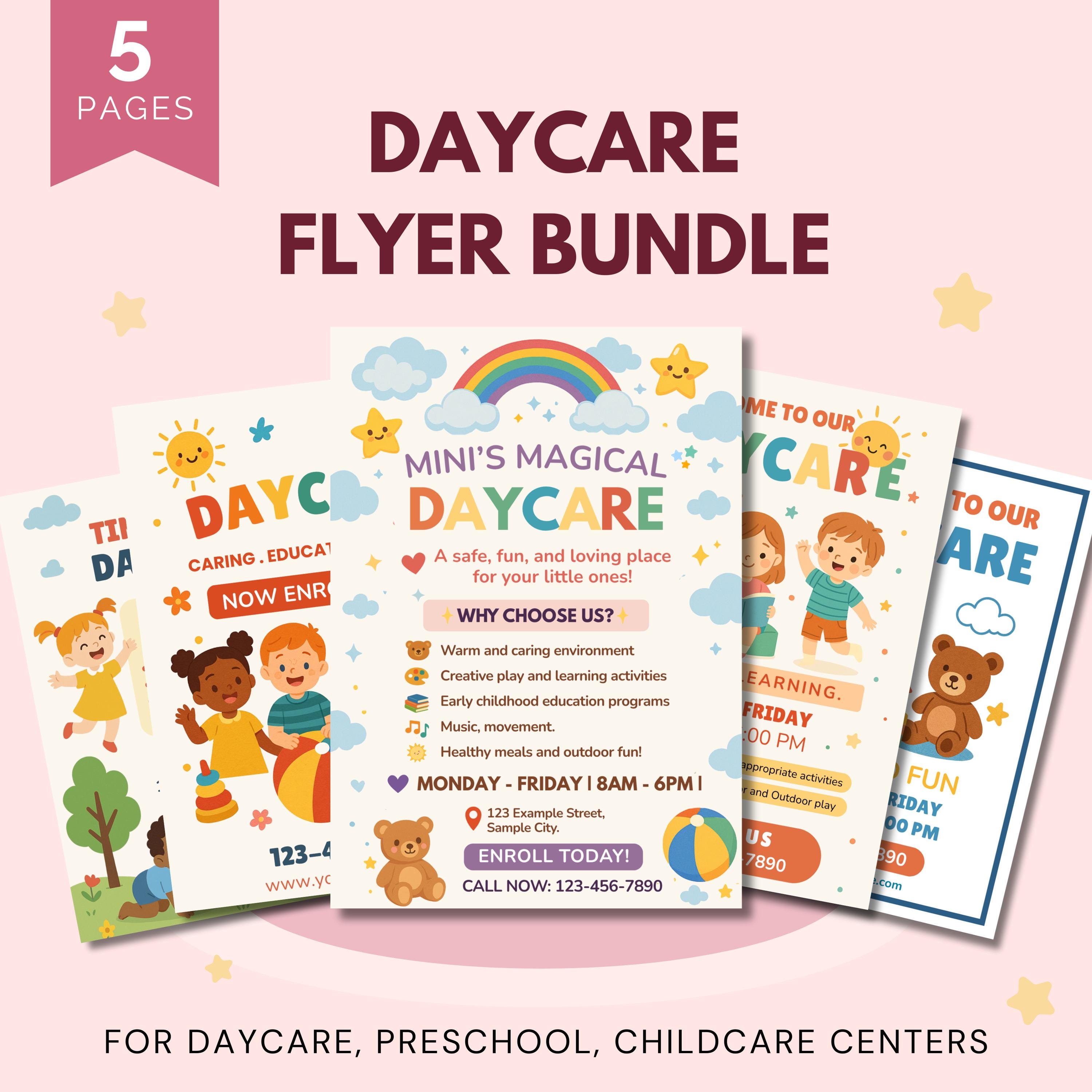 Colorful Daycare Flyer Bundle Editable Canva Template Preschool Enrollment Poster Childcare Marketing Printable Childcare Promo Flyer